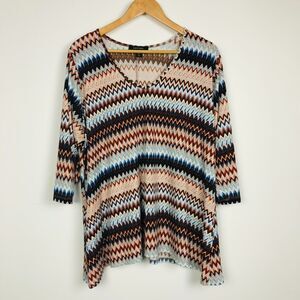 Karen Kane Women's Chevron Striped 3/4 Sleeve V Neck Shirt Brown Blue Size 2X